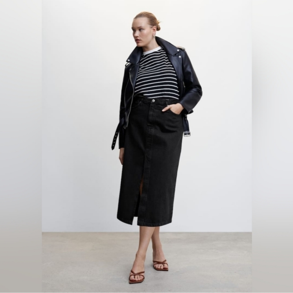 🖤 Mango MNG 100% Cotton Denim Midi Skirt w/ Front Slit, L